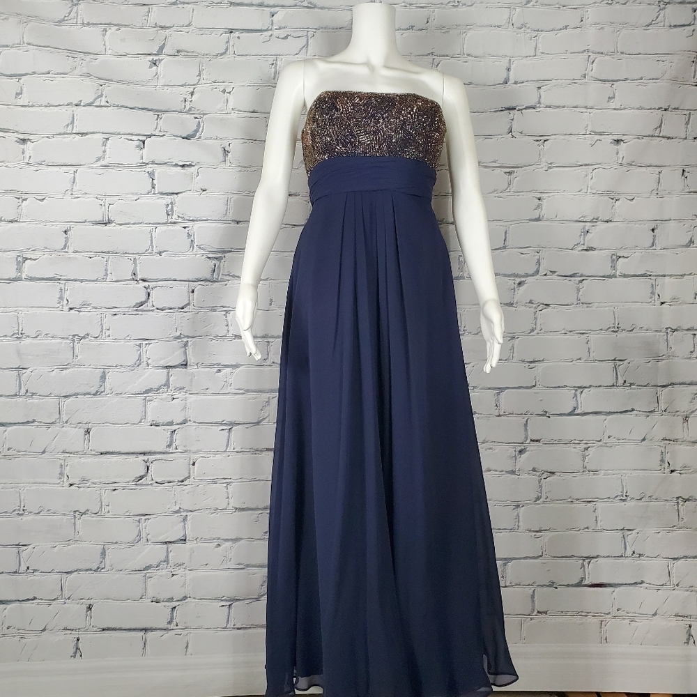 Theia Navy Strapless Beaded Gown